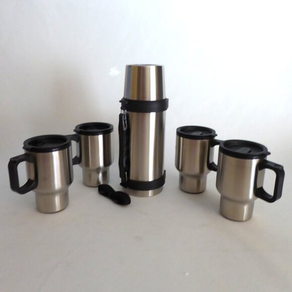 NEW STAINLESS STEEL THERMOS & TRAVEL MUG 5 PIECE SET CAMPING OUTDOOR - Picture 1 of 10